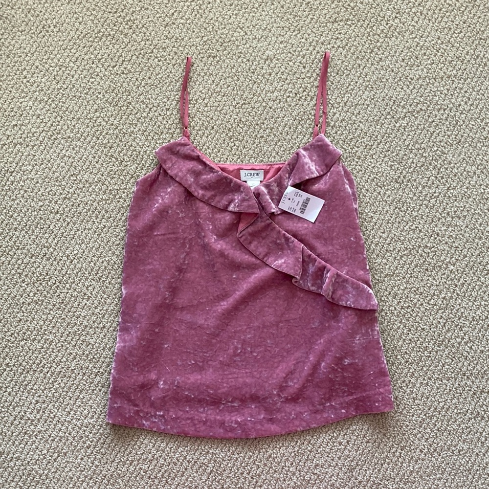 NEW J. Crew Pink Faux Velvet Ruffled Cami Tank Top Blouse Adjustable Lined NWT